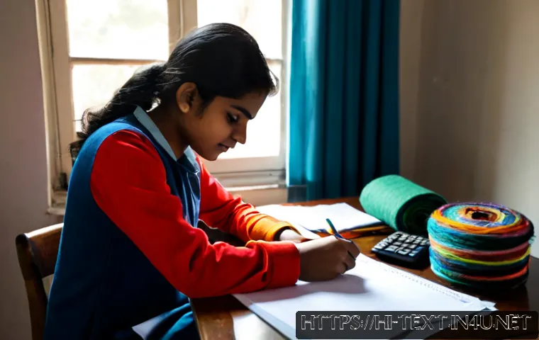 섬유기사 필기시험의 준비 단계 - Photorealistic Indian textile engineering student preparing for a written examination at a clean hom...