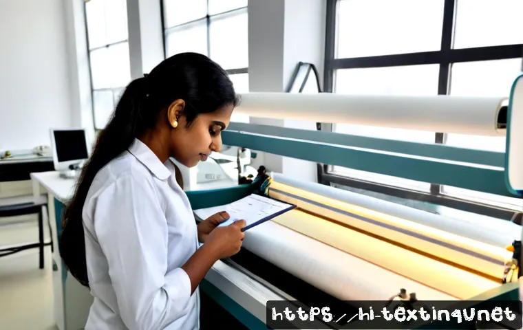 Home 17 섬유기사 자격증과 관련 법률 - Photorealistic Indian textile technician in a clean modern fabric testing laboratory, carefully exam...