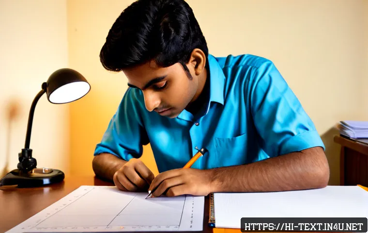 Home 17 섬유기사와 필기시험의 난이도 - Photorealistic Indian textile engineering student studying for a challenging written examination at ...